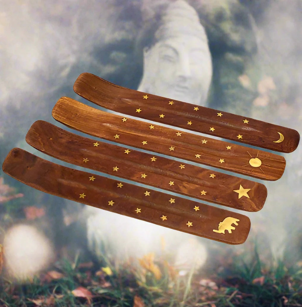 Exotic wood incense ash catchers with brass inlay, various designs, made in India.