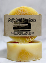 Load image into Gallery viewer, natural lemongrass soap bar. soap works. luffa body scrub soap. natural luffa soap. luffa soap bar. natural soap companies. soap works.
