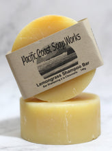 Load image into Gallery viewer, lemongrass shampoo bar. lemon shampoo bar. natural soap companies. soap works. handcrafted soap

