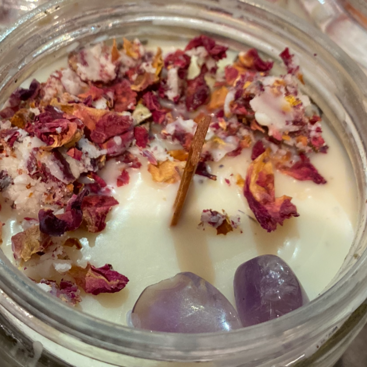 soy, coconut wax candle, amethyst, glass