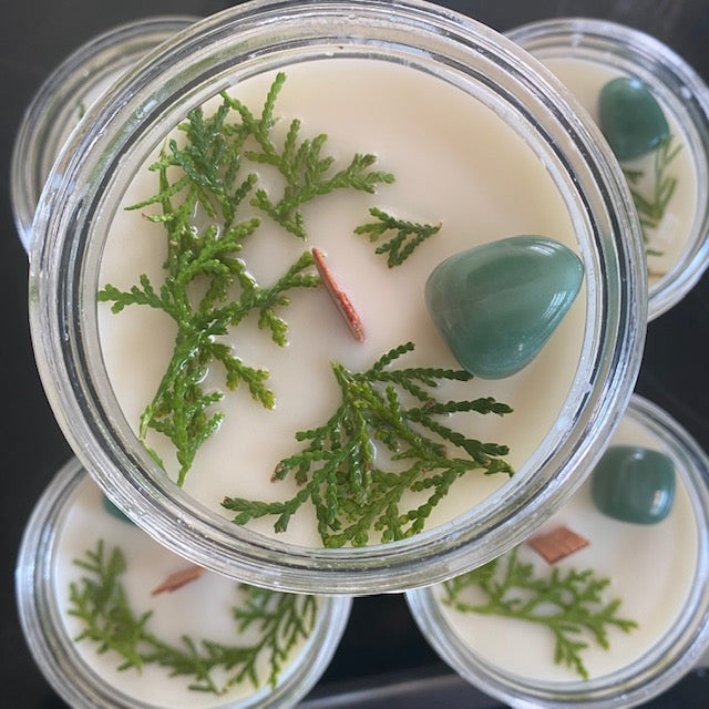 heart chakra candle, essential oil, coconut, soy, wood wick, sacred