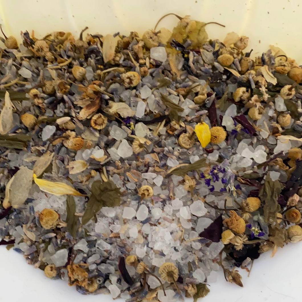 herbal tea bath with sea weed, chamomile, rose, epsom salts