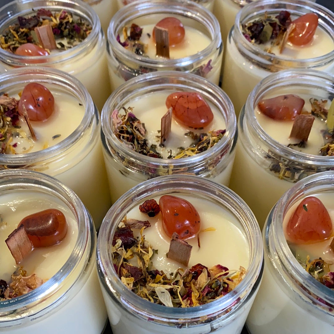 coconut soy wax candle, sacral, glass jar, Carnelian crystal