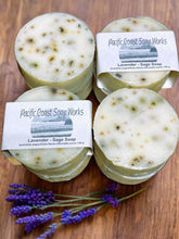 Load image into Gallery viewer, lavender sage essential oil, cold press soap, hand crafted, waterway safe 
