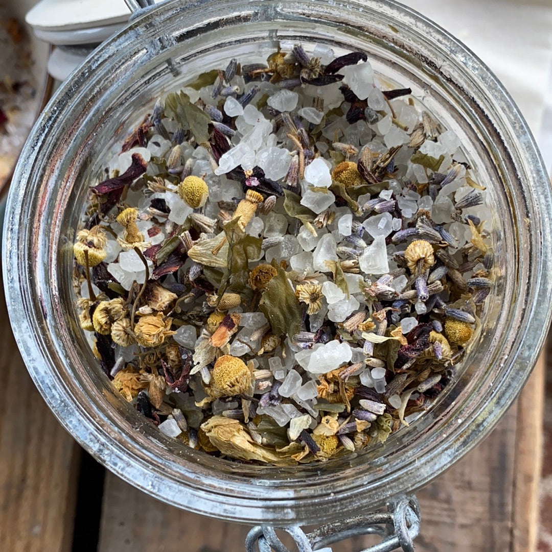 herbal tea bath with seal salts and essential oils, epsom salts