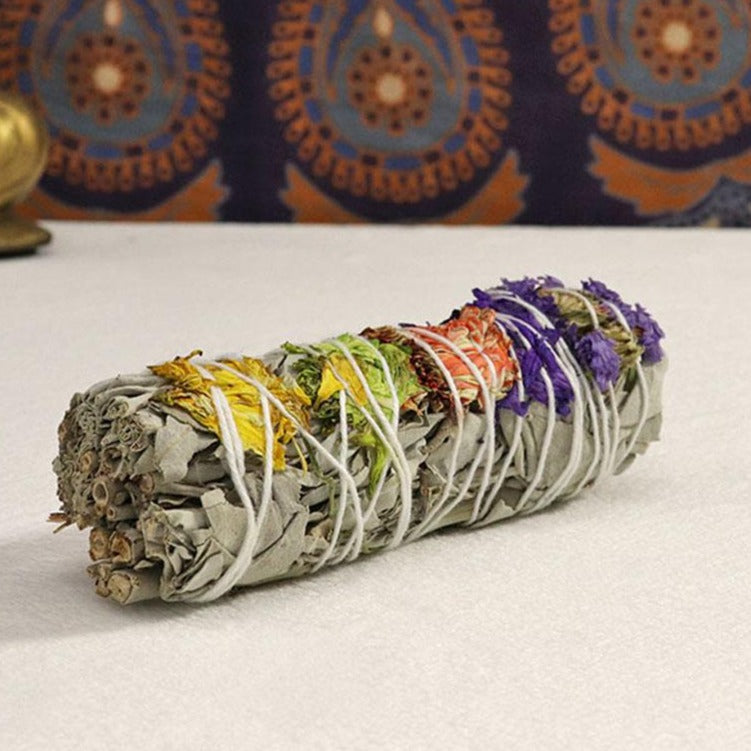 white sage smudge stick 4 inch, yellow Daisies, Limonium Sinuatum, purple Lilac statice