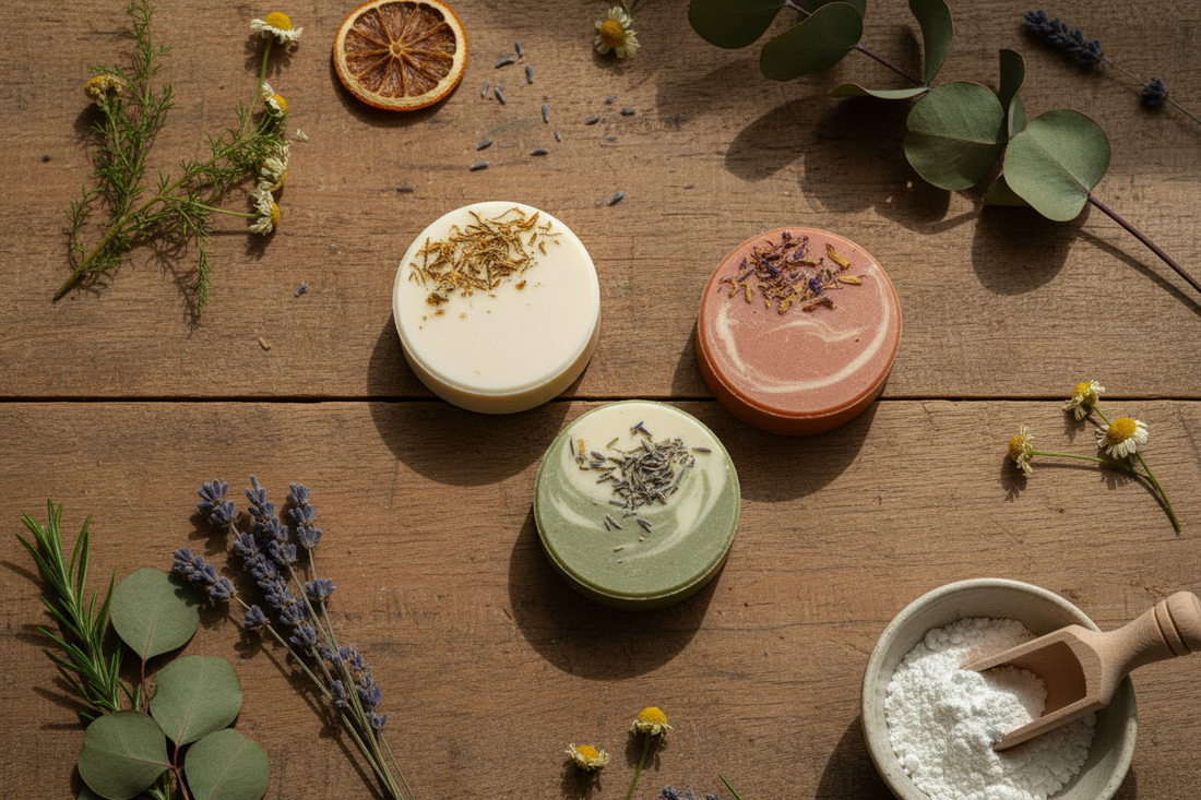 A few round handcrafted cold-process soap bars resting on a rustic wooden curing rack, surrounded by dried botanicals, natural ligh