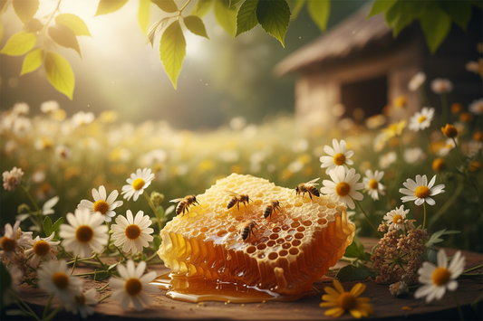 Golden beeswax blocks and honeycomb 
