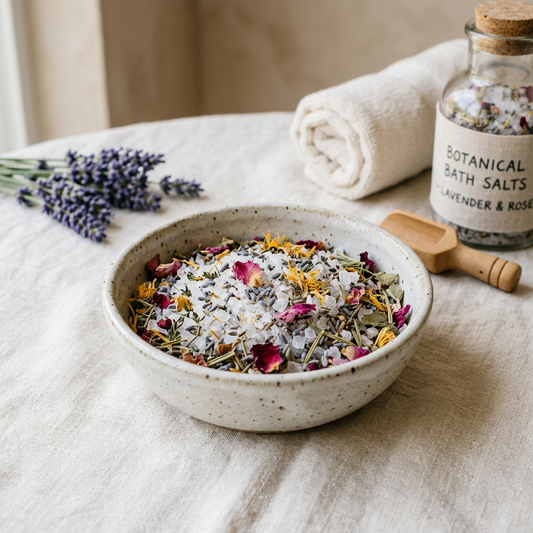 Bowl of botanical bath salts beside a bathtub with a folded cream towel