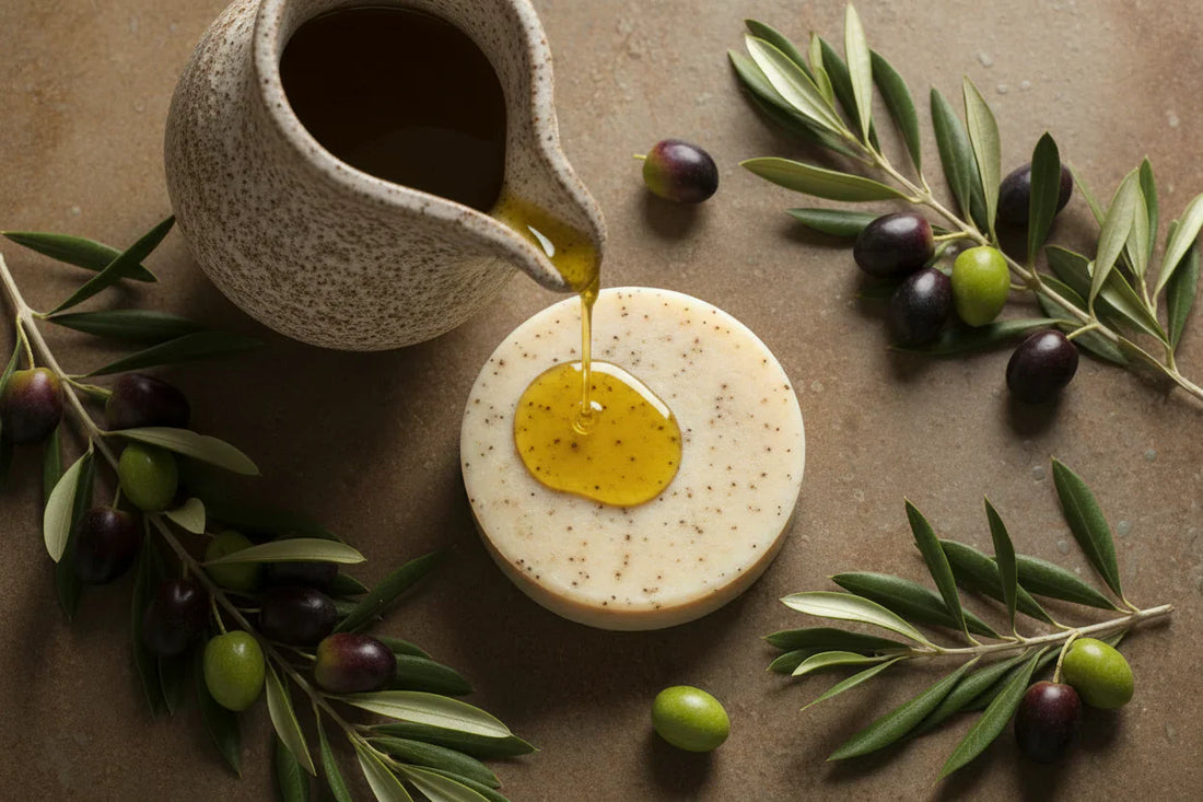 Golden olive oil being poured from a ceramic jug onto a round natural soap bar, surrounded by fresh olive branches and ripe olives