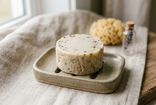 Soap bar resting on a wooden soap dish with drainage gaps