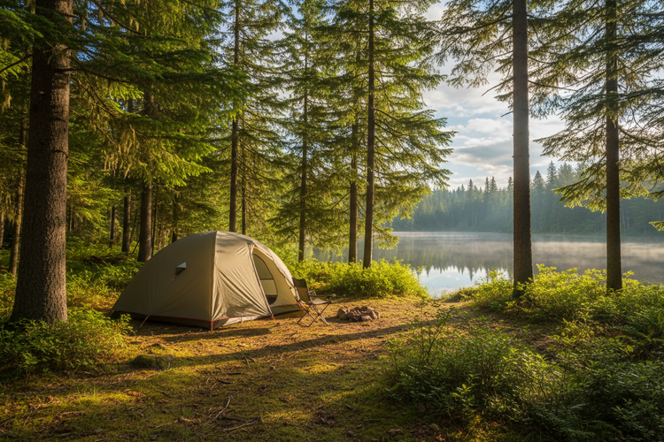 camping in a tent in the forest by the lake