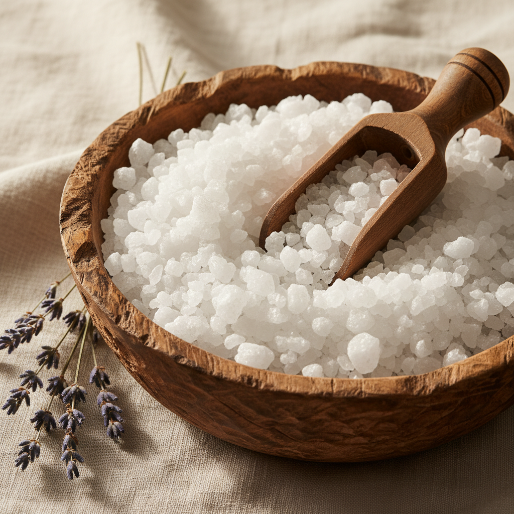 Rustic wooden bowl with lavender sprigs warm earthy spa feel: