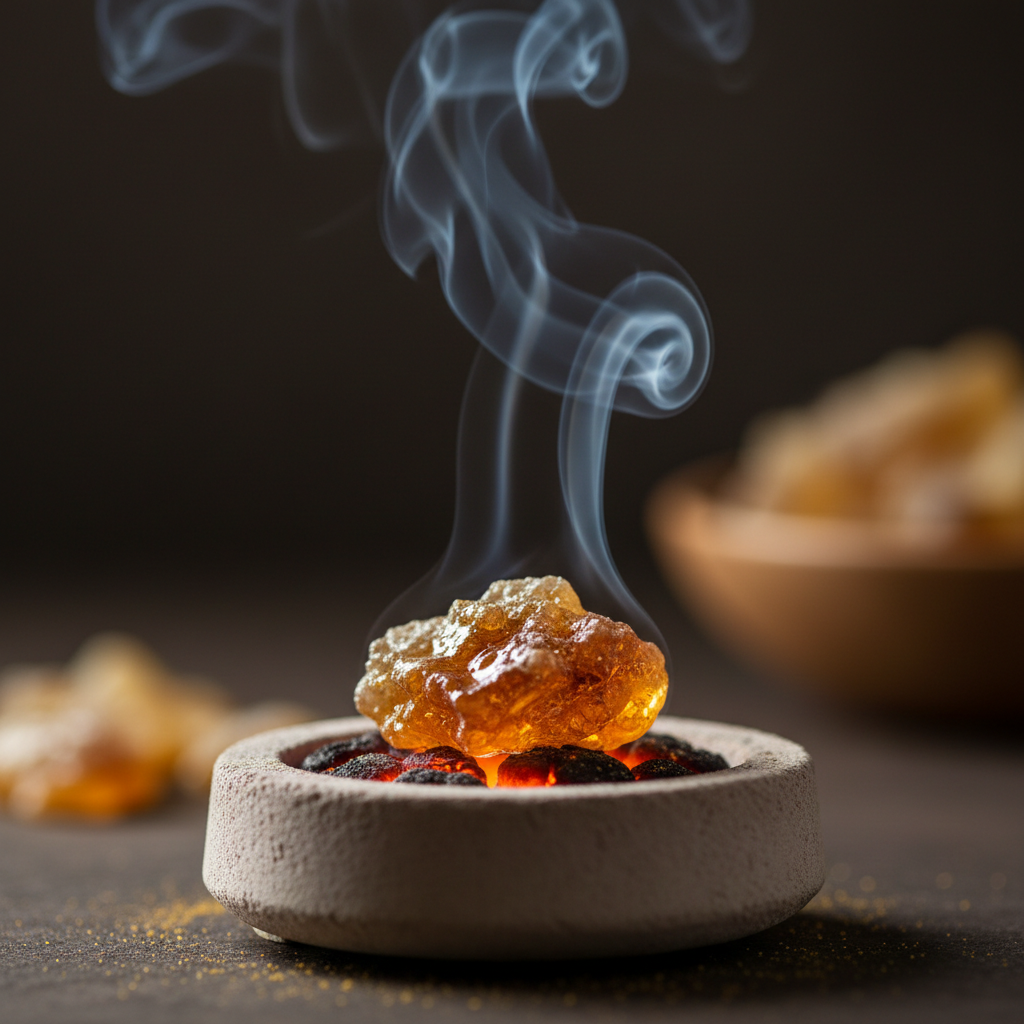Incense burner with smoking resin on a dark background