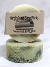 Load image into Gallery viewer, peppermint soap. soap works. peppermint luffa body scrub soap. natural luffa soap. luffa soap bar. natural soap companies. soap works.

