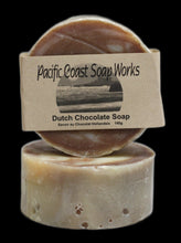 Load image into Gallery viewer, chocolate soap bar mild scrub coconut oil olive oil. natural dutch chocolate soap. handcrafted soap
