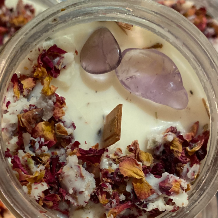 amethyst crystal, chakra candle, wood wick, rose buds, 
