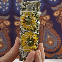 Load image into Gallery viewer, white sage smudge stick 4 inch with yellow daisies and mirton leaves
