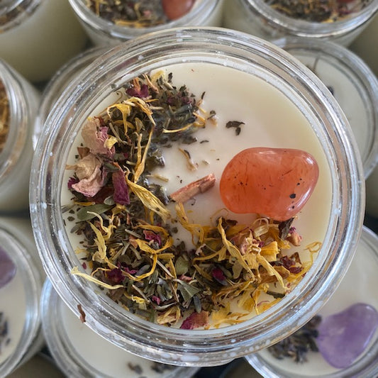 ylang ylang, soy, coconut candle, sacral chakra, Carnelian crystal 