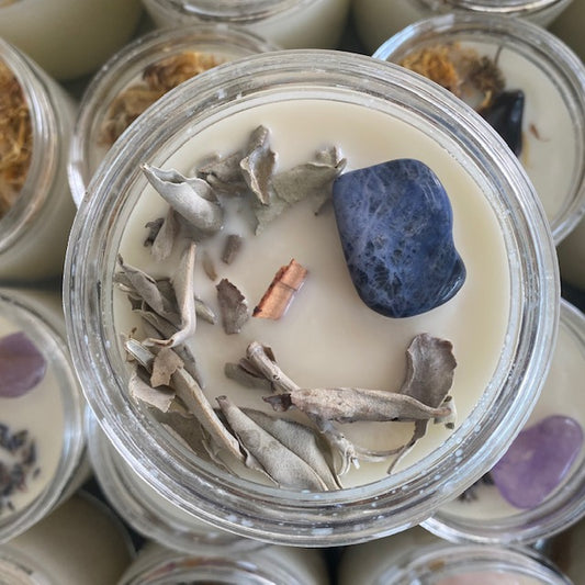 throat chakra candles, sage, wood wick, sodalite crystal
