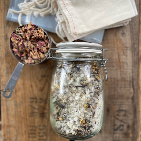 herbal tea bath with essential oils and sea epsom salts