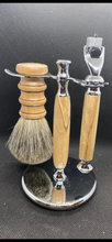 Load image into Gallery viewer, shave set with wood handle razor and shaving brush
