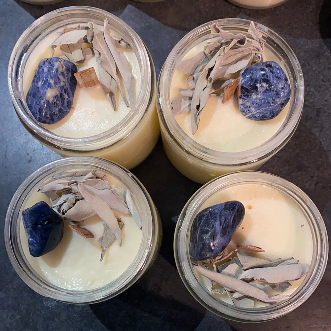 coconut, soy wax candles, glass jar, sodalite, 