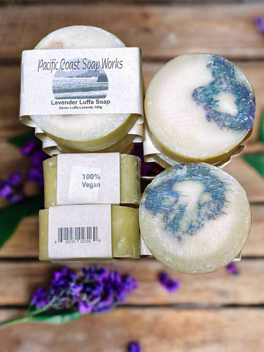 lavender essential oil. luffa scrub, eco friendly, small batch, cold press