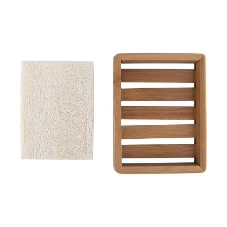 bamboo soap dish with loofah pad, slots for water to drain. soap saver
