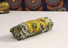Load image into Gallery viewer, white sage smudge stick yellow Daisies and Mirton leaves,
